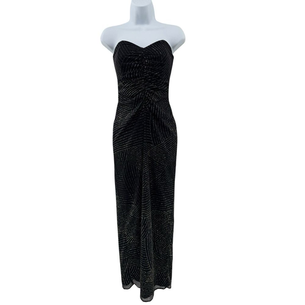 90s VTG Jessica McClintock Gunne Sax Sz. 5 Black Silver‎ Glitter Strapless Dress